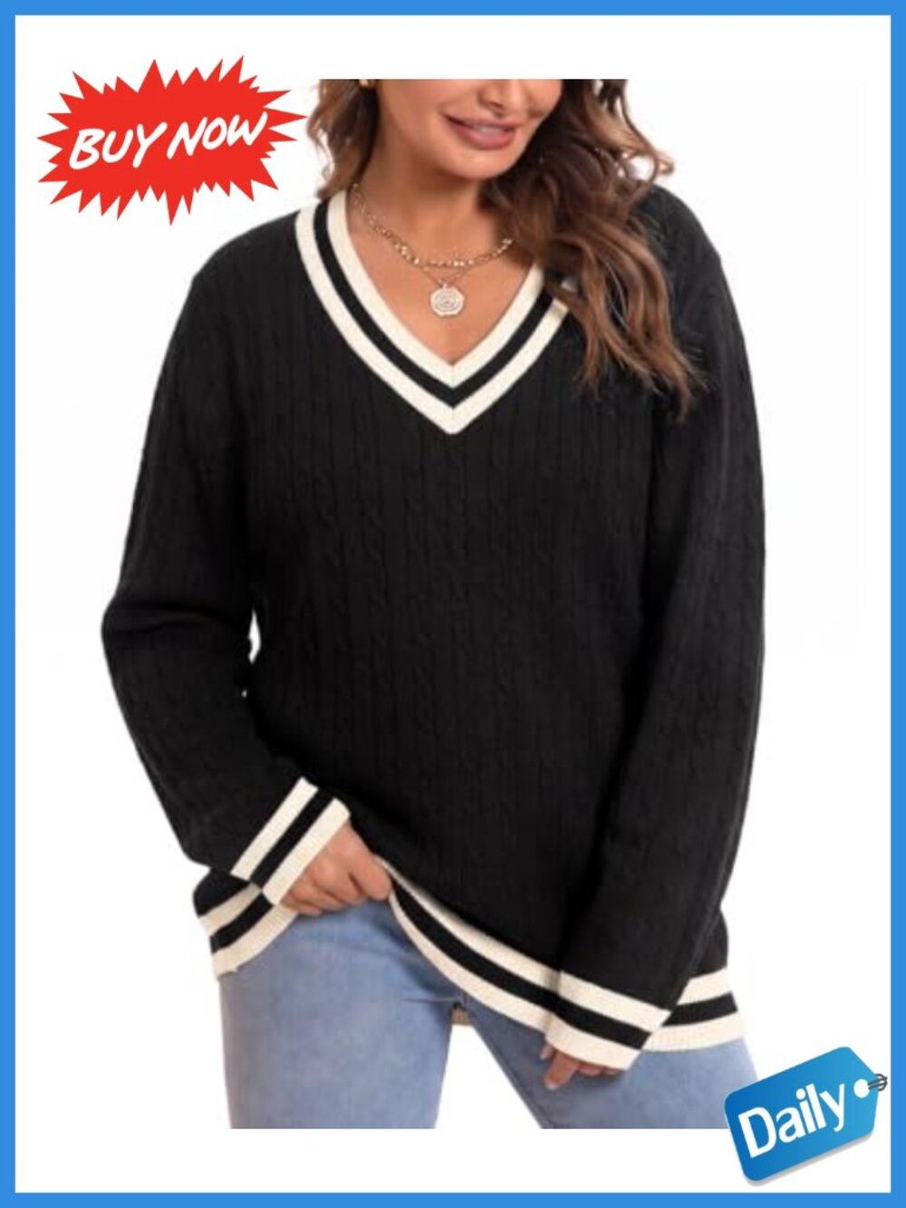 Plus Size Cable Knit V-Neck Long Sleeve Sweater Pullover